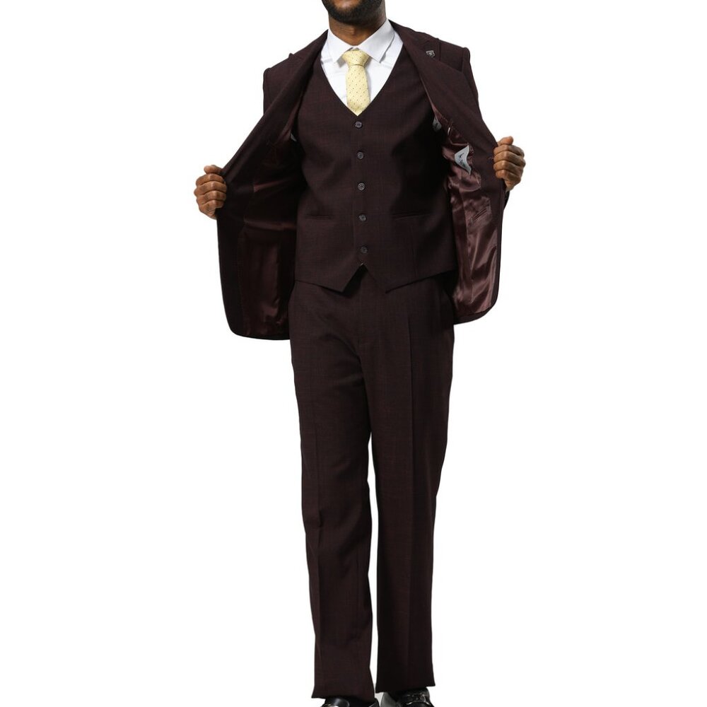 Burgundy Tattersall Plaid Peak Lapel 3 Piece Stacy Adams Men's Suit